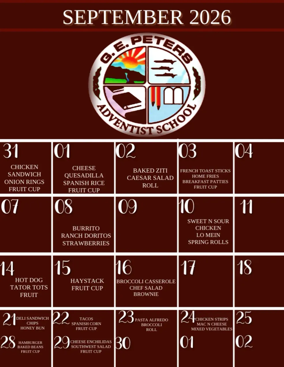 September 2026 lunch calendar for G.E. Peters Adventist School with a brown background, white text, and the school logo at the top. Each date lists different meal options served throughout the month.